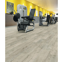 Fitnessstudio mit Trainingsgeräten und hellem Holzboden