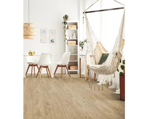 Heller Wohnraum mit Holzboden, Esstischgruppe und Hängesessel