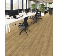 Büroraum mit Holzboden, Schreibtischen und Bürostühlen.