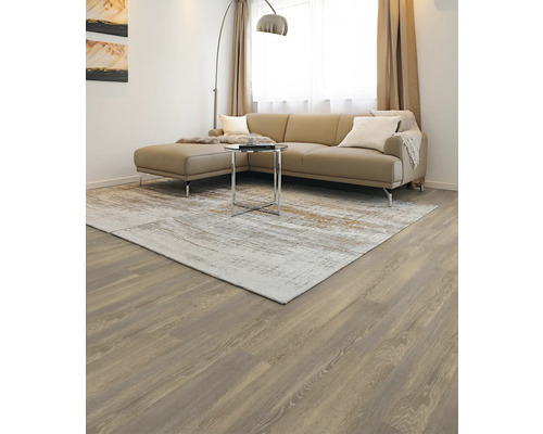 Wohnzimmer mit Sofa, Teppich und Couchtisch auf Holzboden