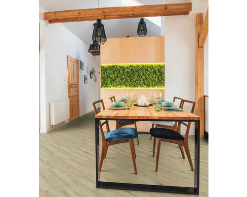 Esszimmer mit Holztisch, Stühlen und hellem Bodenbelag