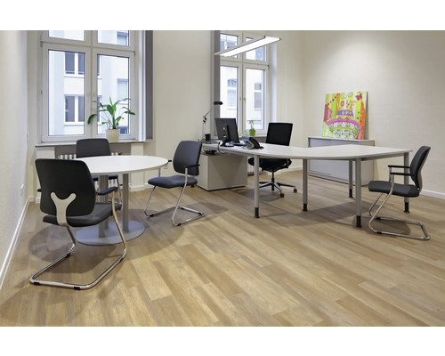 Helles Büro mit Besprechungstisch, Schreibtisch und Bürostühlen