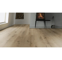 Heller Wohnraum mit Holzboden, Kamin und Holzstapel