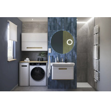 Modernes Badezimmer mit Waschmaschine, Waschtisch und Spiegelschrank