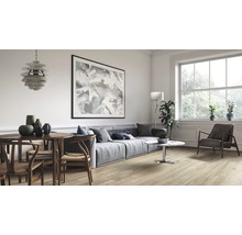 Wohnzimmer mit Holzboden, Sofa, Esstisch und Dekoration