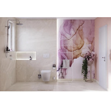 Modernes Badezimmer mit Dusche, Toilette, Handtuchwärmer und dekorativer Tapete