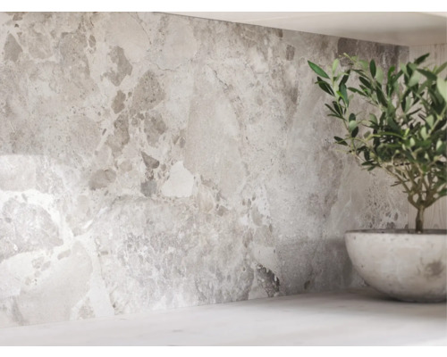 Produktbild 8 (groß) Wandgestaltung mit Fliesen in Marmoroptik und einer Topfpflanze auf der Arbeitsfläche