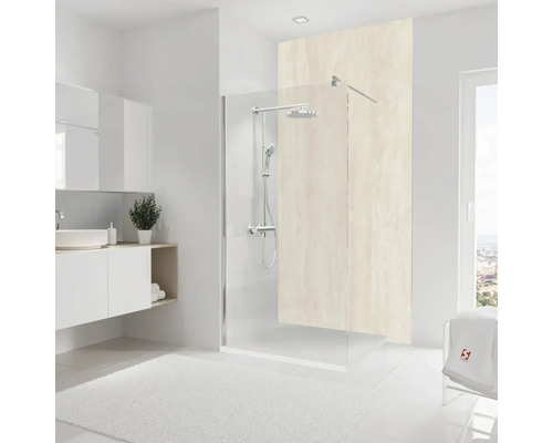 Modernes Badezimmer mit Duschkabine, Waschtisch und Handtuch