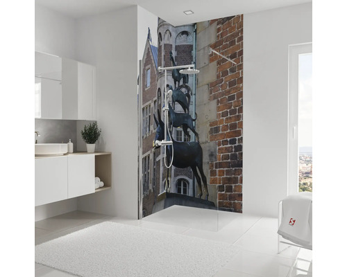 Modernes Badezimmer mit Duschwand mit Bremer Stadtmusikanten Motiv
