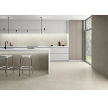 Moderne Küche mit Fliesenboden, Kücheninsel und minimalistischem Design