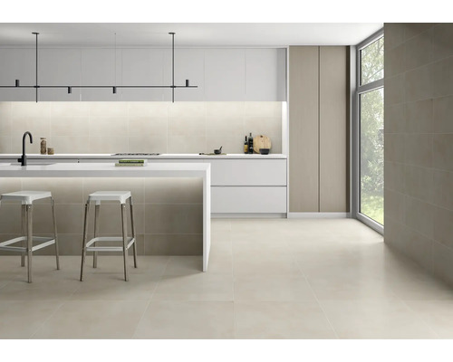 Moderne Küche mit Fliesenboden, Kücheninsel und minimalistischem Design