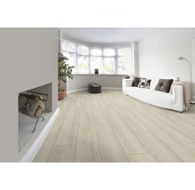 Heller Wohnraum mit Laminatboden, Sofa und Kamin