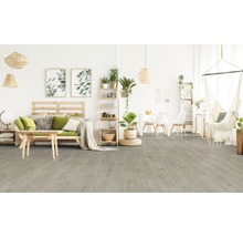 Heller Wohnraum mit Holzboden, Sofa, Esstisch und Hängesessel