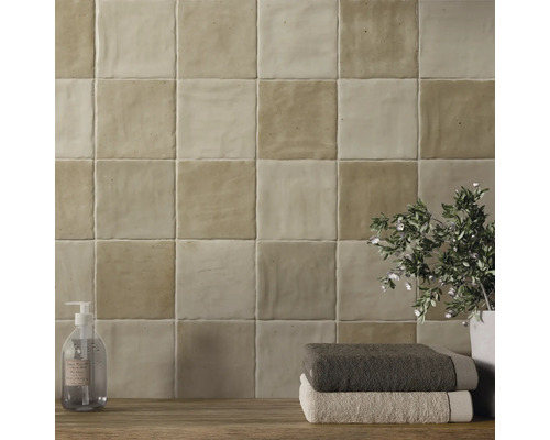 Wandfliesen im Badezimmer mit Seifenspender, Handtüchern und Pflanze