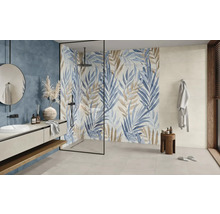 Modernes Badezimmer mit Dusche, Waschbecken und floralen Fliesen