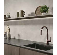 Küchenszene mit Spüle, Armatur, Arbeitsplatte und Regalen