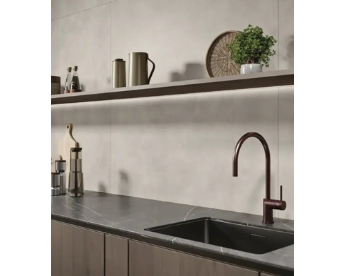 Küchenszene mit Spüle, Armatur, Arbeitsplatte und Regalen