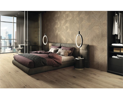 Modernes Schlafzimmer mit Bett, Nachttisch und Designelementen