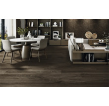 Wohnbereich mit Holzboden, Esstisch, Stühlen, Sofa und Bücherregal.