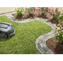 Szene mit Rasenroboter, Rasenfläche und Pflastersteinen als Wegbegrenzung