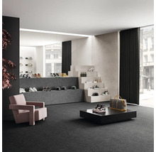 Innenraum mit Teppichboden, Sesseln und Warenpräsentation für Schuhe und Accessoires