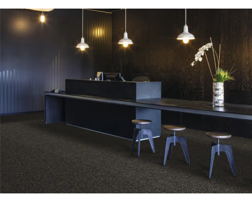 Empfangsbereich mit Teppichboden, Schreibtisch, Barhockern und Beleuchtung