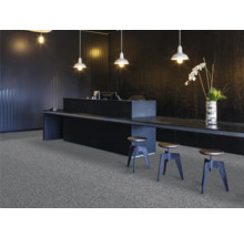 Empfangsbereich mit Teppichboden, Tresen, Barhockern und Beleuchtung