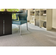 Innenraum mit Teppichboden, Esstisch und Stühlen sowie Regal.