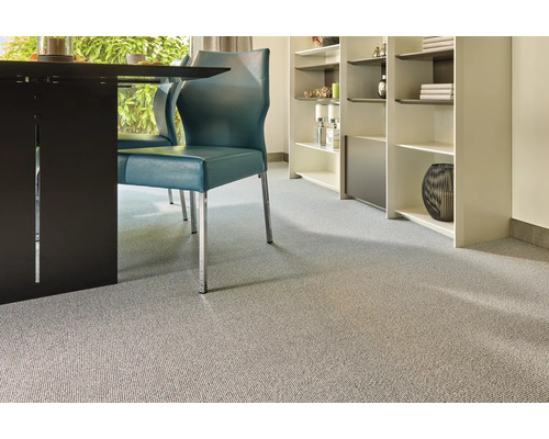 Innenraum mit Teppichboden, Esstisch und Stühlen sowie Regal.