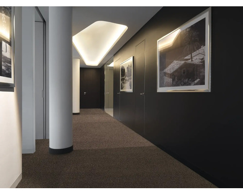 Innenansicht eines Flurs mit Teppichboden, Säulen und Wandbildern