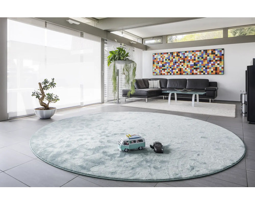 Heller Wohnraum mit runden Teppich, Sofa und Dekoration