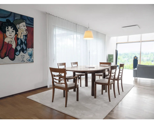 Helles Esszimmer mit Holztisch, Stühlen und Teppich