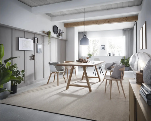 Heller Essbereich mit Holztisch, Stühlen und Teppich