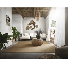 Wohnzimmer mit Sofa, Teppich, Zimmerpflanzen und dekorativen Wandelementen im natürlichen Design