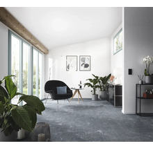 Wohnzimmer mit Sessel, Teppich und Zimmerpflanzen.