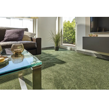 Wohnzimmer mit grünen Teppichboden, Couch, Tisch und Dekoration