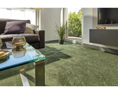 Wohnzimmer mit grünen Teppichboden, Couch, Tisch und Dekoration