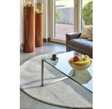 Wohnzimmer mit rundem Teppich, Glastisch und Dekorationselementen.