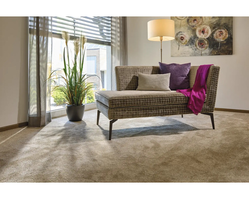 Wohnzimmer mit Teppichboden, Sofa, Stehlampe und Zimmerpflanze am Fenster