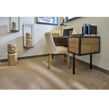 Ein Arbeitszimmer mit Schreibtisch, Stuhl und Dekorationselementen wie Skulpturen und Wandregalen.