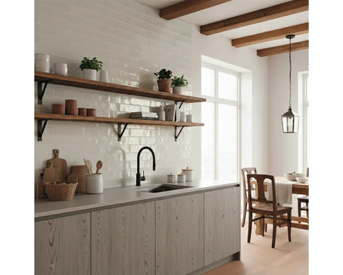 Helle Küche mit Holzakzenten, Regalen, Spüle und Armatur.