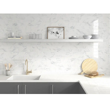 Helle Küche mit Marmorfliesen und Regalen