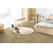 Helles Schlafzimmer mit Bodenbelag in Fischgrätoptik, rundem Teppich, Bett, hölzernem Raumteiler und einem Hund.