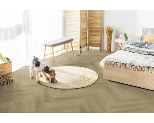 Helles Schlafzimmer mit Bodenbelag in Fischgrätoptik, rundem Teppich, Bett, hölzernem Raumteiler und einem Hund.