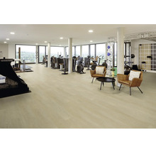 Großzügiger, heller Fitnessraum mit Bodenbelag in Holzoptik, diversen Kraft- und Ausdauergeräten sowie einer Sitzecke mit zwei Sesseln.