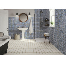 Badezimmer mit Dusche, Waschtisch, Badewanne und blau-weiß gemusterten Fliesen.