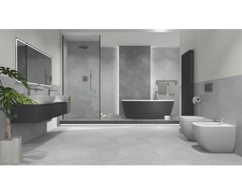 Badezimmer mit Dusche, Badewanne, Waschtisch, Spiegel, Toilette und Bidet