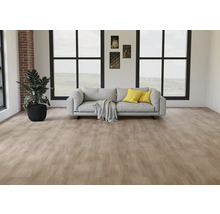 Hellbrauner Vinylboden in Eichenoptik in einem modernen Wohnzimmer mit grauem Sofa, großen Fenstern und einer Zimmerpflanze.