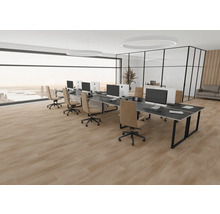 Heller Vinylboden in Eichenoptik in einem modernen, weitläufigen Büro mit Arbeitsplätzen und Glaswänden.