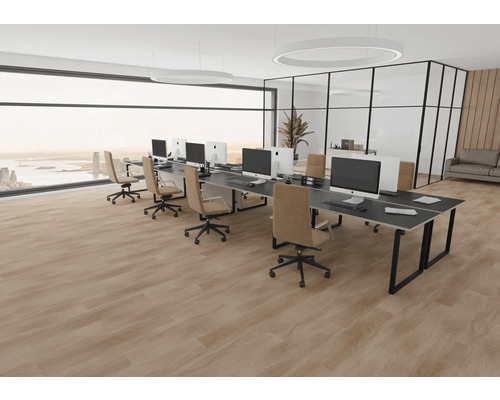 Heller Vinylboden in Eichenoptik in einem modernen, weitläufigen Büro mit Arbeitsplätzen und Glaswänden.